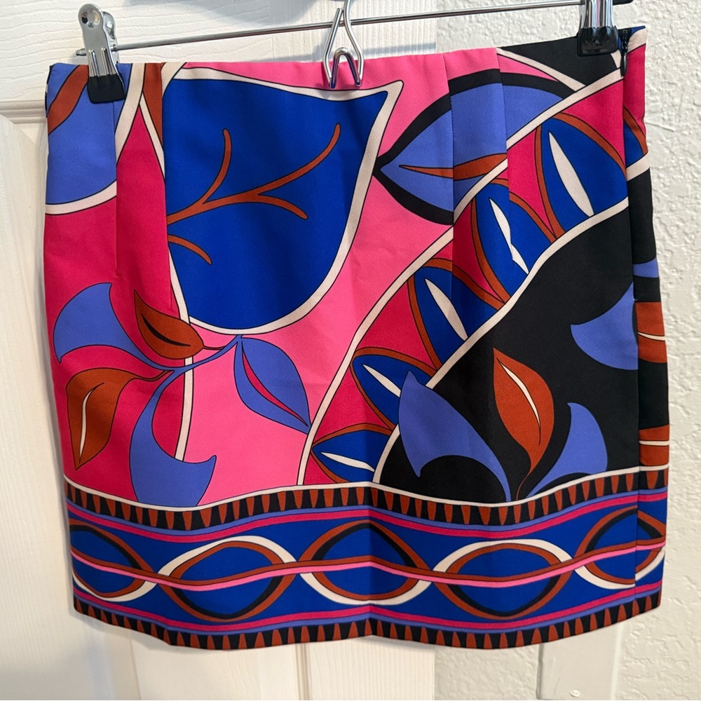 Zara Pink Blue Geometric Abstract Pucci Like Pattern Skirt Size L Womens Stretch